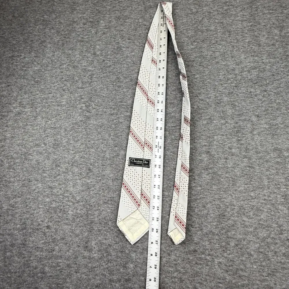 Vintage Christian Dior Cravates Paris Tie Polyester Geometric Striped Light Grey
